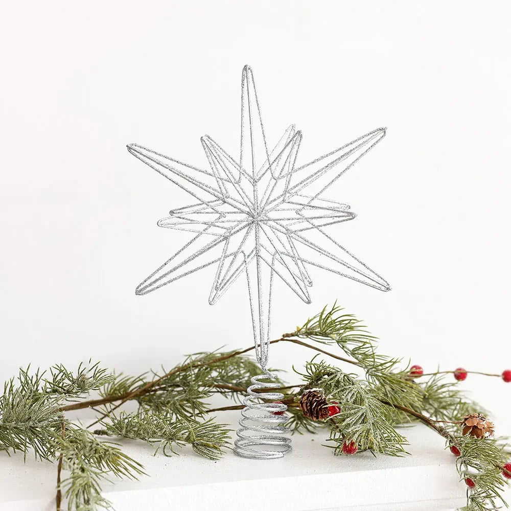 Lighted Christmas Tree Topper Star, Battery Operated LED, Silver Glitter Wire