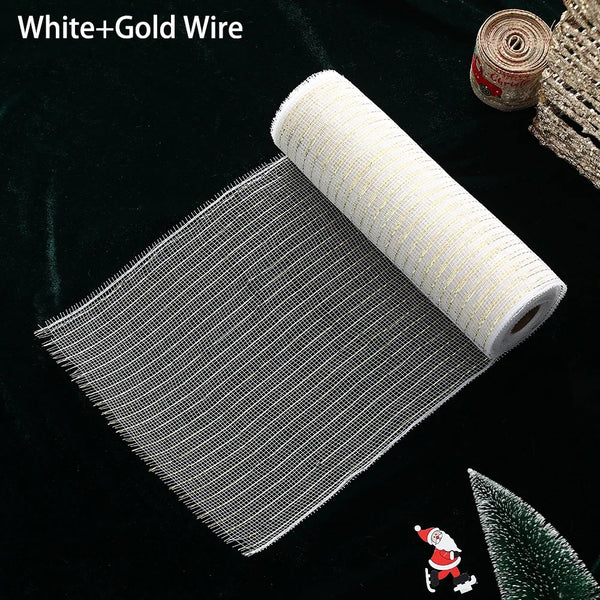 White and Gold Deco Mesh Ribbon for Christmas Tree and Wreaths, 10 in x 10 Yard Roll