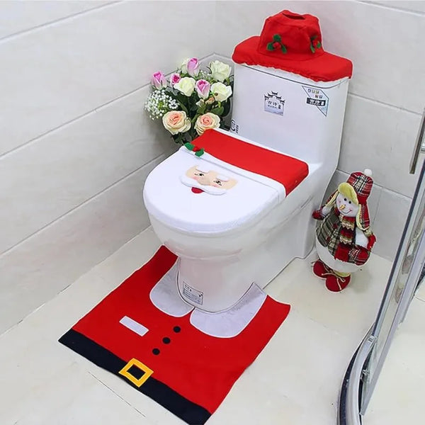 Santa Christmas Bathroom Set, 3 Pieces: Toilet Lid Cover, Contour Rug and Tank Cover with Tissue Holder