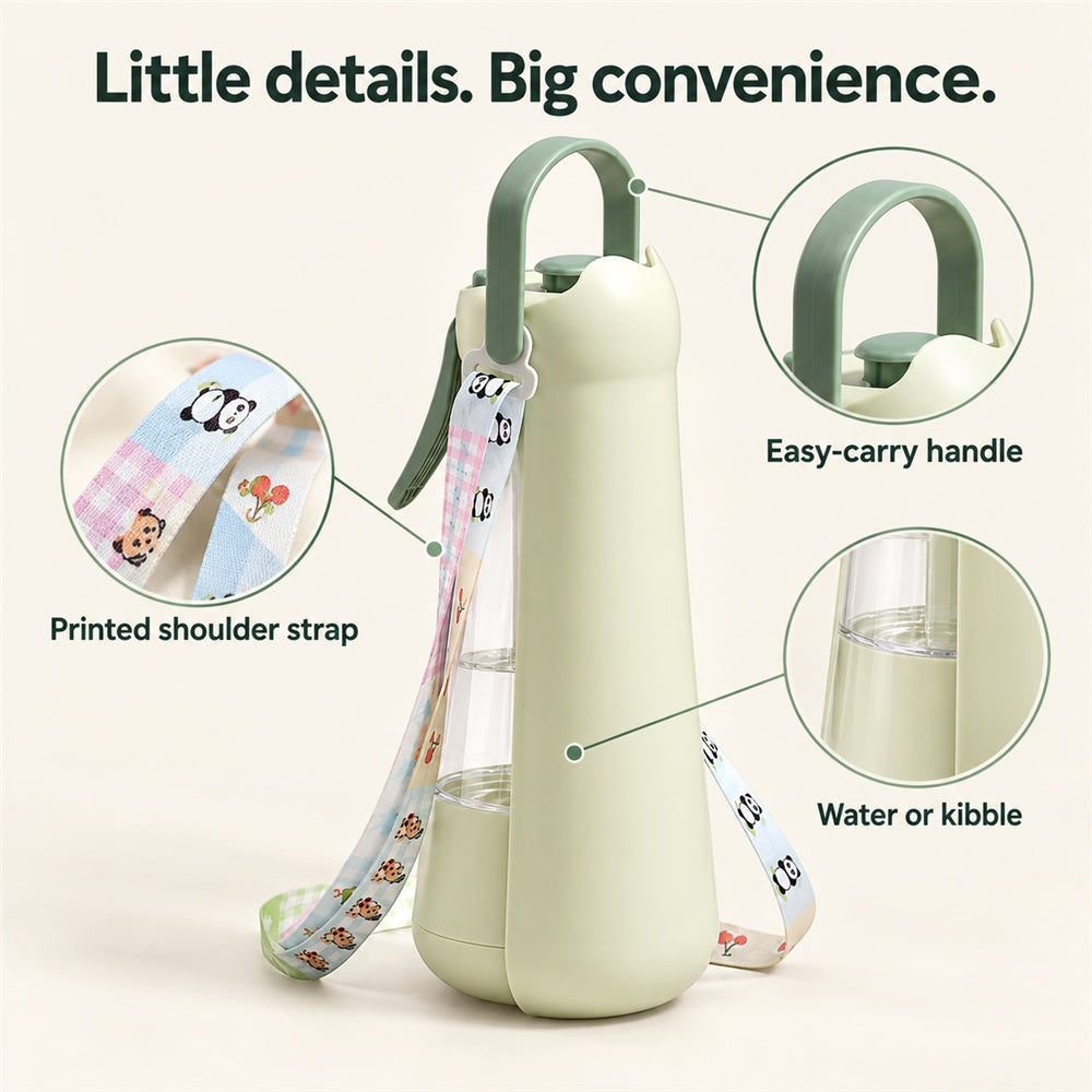 Portable Dog Drinking Bottle for Walks and Travel, with Fold-Out Tray, Food Cup and Mist Sprayer