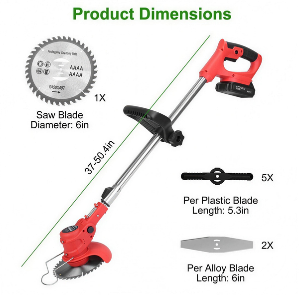 Cordless Grass Trimmer & Brush Cutter Kit with 2 Batteries and 3 Blade Types